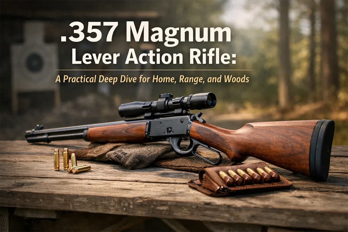 .357 Magnum lever action rifle with optic and sling on a range bench