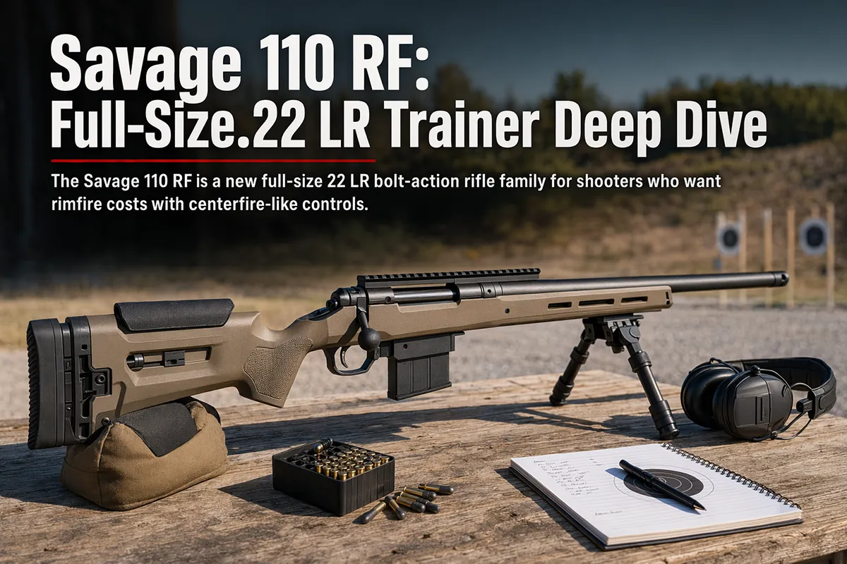 Savage 110 RF full-size 22 LR rifle trainer on range bench