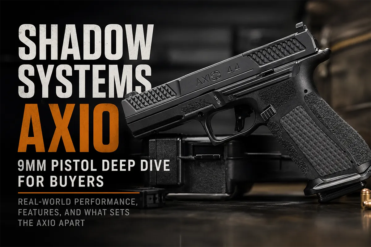 Shadow Systems AXIO 9mm pistol on a clean range bench