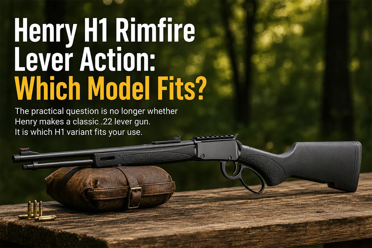 Henry H1 rimfire lever action rifles on a clean range bench