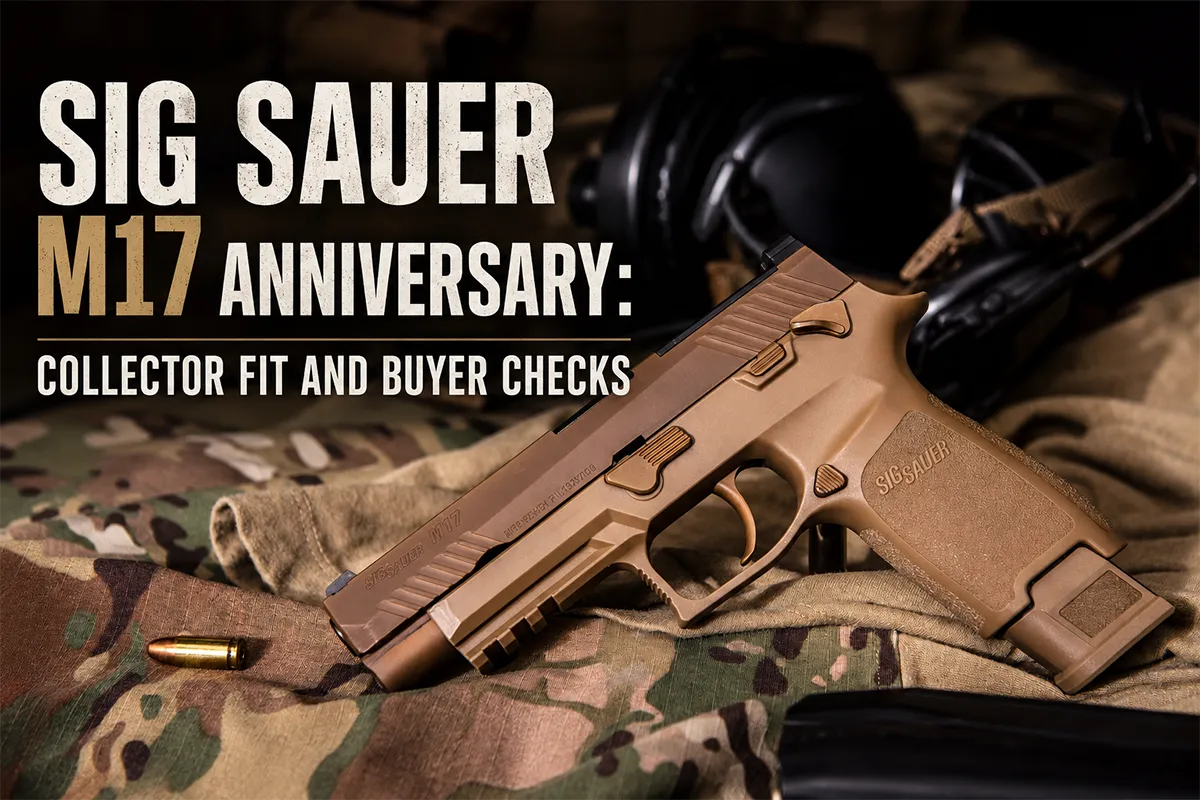 SIG SAUER M17 Anniversary collector pistol on a bench