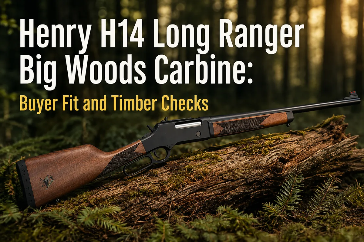 Henry H14 Long Ranger Big Woods Carbine in a dense timber hunting setting