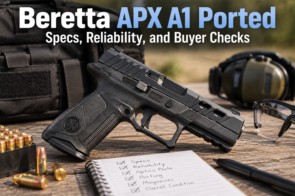 Beretta APX A1 Ported full-size 9mm pistol on a range bench