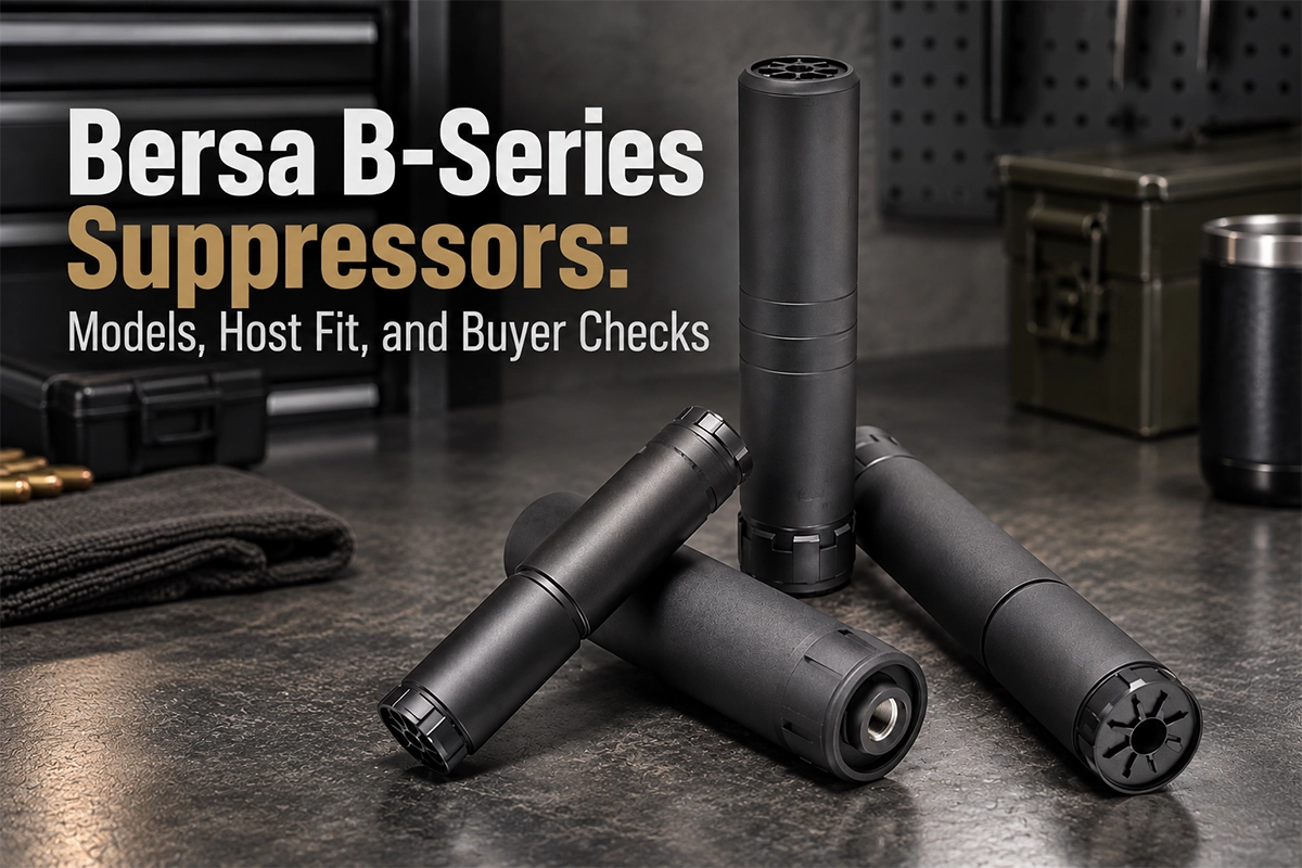 Bersa B-Series suppressors arranged for rimfire, pistol, and rifle host research