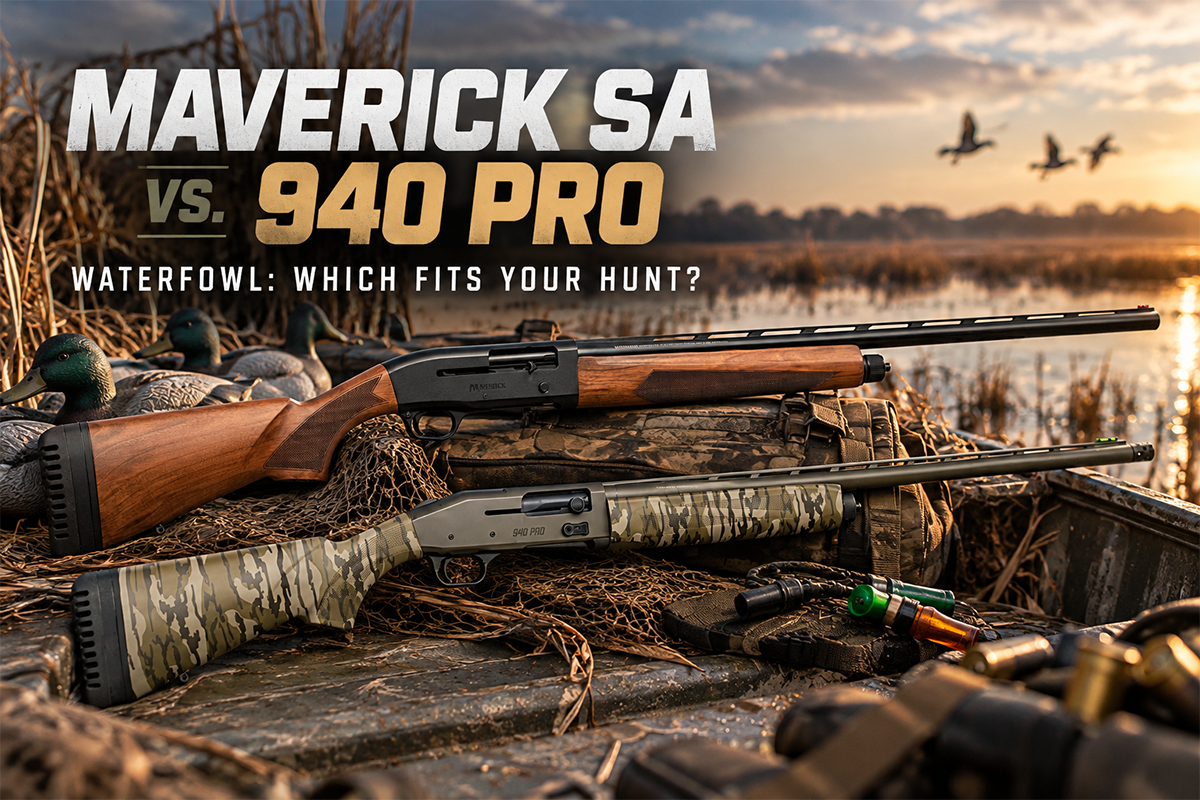 Maverick SA vs 940 Pro Waterfowl shotgun comparison on a waterfowl hunting bench